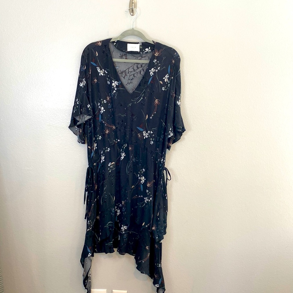 YAYA women | dark floral v neck side toe flutter sleeve tiered ruffle dress